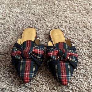 J. Crew Red and Black Plaid Mules with Bow